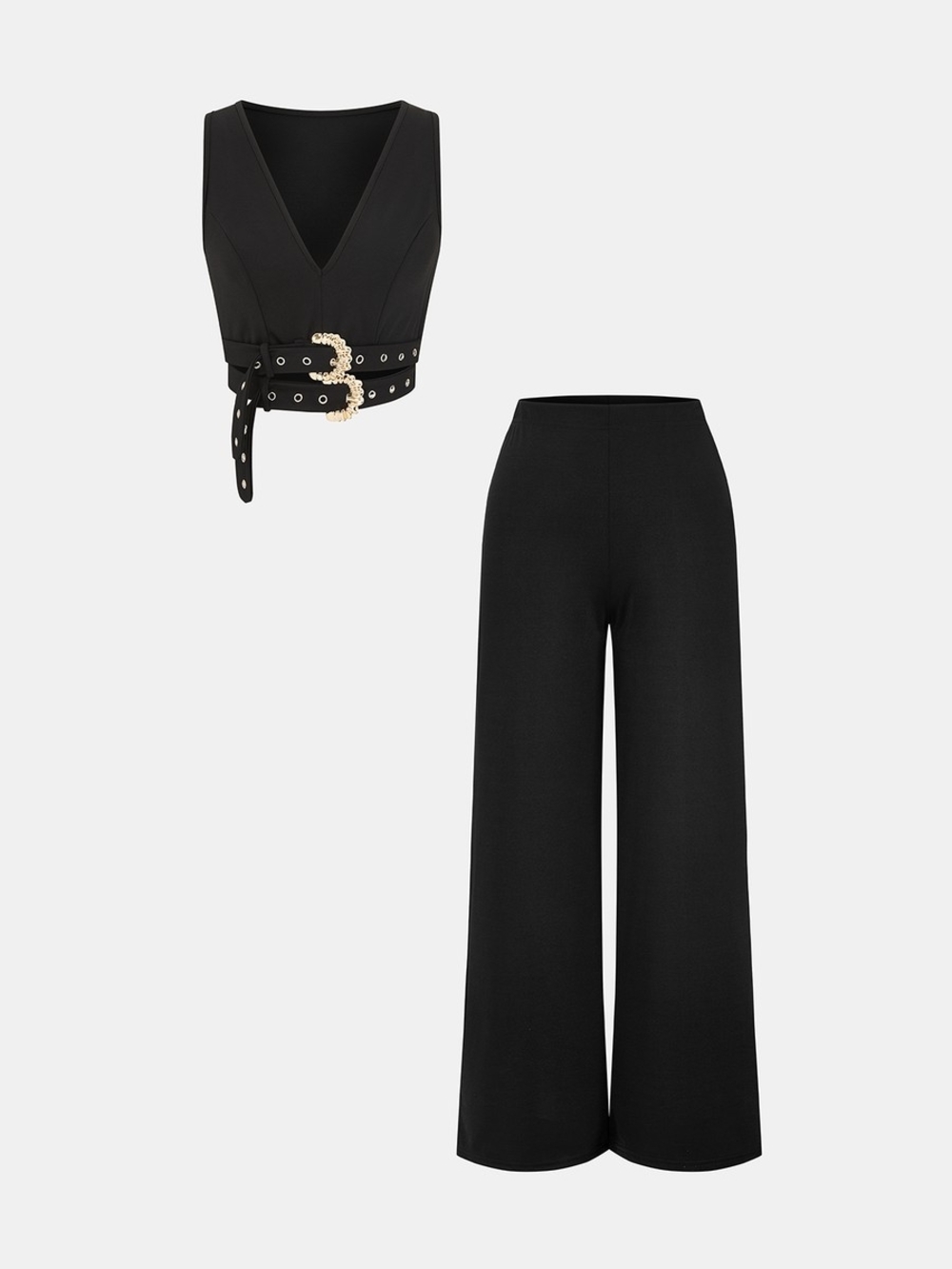 Commense Black V-Neck Crop Top and Wide Leg Pants Set with Gold Buckle